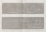 Thèbes. Karnak. Barques symboliques faisant partie de la décoration de la salle hypostyle et sujets guerriers sculptés sur les murs extérieurs du palais.