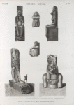 Thèbes. Karnak. 1-5. Statues de granit noir trouvées dans l'enceinte du sud; 6. Vue du colosse placé à l'entrée de la salle hypostyle du palais.