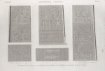 Denderah [Dandara] (Tentyris). Décoration des antes et d'un soffite, et bas-relief de l'extérieur du portique du Grand Temple.