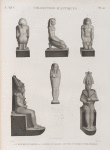 Collection d'antiques. 1-3. Figures en bronze; 4.5. Figure en basalte; 6. Figure en terre cuite émaillée.