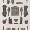 Collection d'antiques. 1.2. Figures en pâte de porcelaine; 3-6.9.10.21.22. en bois peint; 7.8.12-15. en basalte; 11. bas-reliefs en pierre; 16.17.20.23. Masques en terre; 18.19. en bronze.