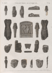 Collection d'antiques. 1.2. Figures en pâte de porcelaine; 3-6.9.10.21.22. en bois peint; 7.8.12-15. en basalte; 11. bas-reliefs en pierre; 16.17.20.23. Masques en terre; 18.19. en bronze.