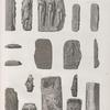 Collection d'antiques. 1-6. Groupe en basalte apporté des oasis; 7-11. en pierre ollaire; 12-15. Masques en bois; 16-18. Enveloppes de momies.