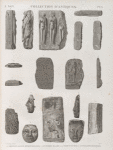 Collection d'antiques. 1-6. Groupe en basalte apporté des oasis; 7-11. en pierre ollaire; 12-15. Masques en bois; 16-18. Enveloppes de momies.