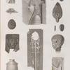 Collection d'antiques. 1.4.13.14. Fragmens de bas-reliefs; 2.3.7.8. Amulettes en forme de scarabée et autres; 5.6.12. Lampes et vase; 9.11. Masque et tête en bois; 10. Tunique.