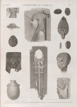 Collection d'antiques. 1.4.13.14. Fragmens de bas-reliefs; 2.3.7.8. Amulettes en forme de scarabée et autres; 5.6.12. Lampes et vase; 9.11. Masque et tête en bois; 10. Tunique.