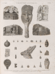 Collection d'antiques. 1.3-5. Toiles peintes; 2. Masque en bois; 6.14.28. Objets en terre cuite; 7-13.16.18-27.29. Diverses figures et amulettes en forme de scarabées; 15. Fragment de bas-relief; 17. Tête de boeuf en pierre.