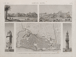 Asouan [Aswân], Esné [Isnâ]. 1.2. Vues des environs d'Asouan ou Syene [Aswân]; 3.4. Plan et minaret d'Esné [Isnâ]; 5. Minaret de Syout [Asyût].