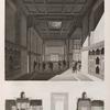Le Kaire [Cairo]. 1-3. Coupes et vue intérieure d'une grande salle de la maison de Hasan Kâchef, destinée aux séances de l'institut; 4. Détail d'une porte de la cour.