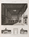 Le Kaire [Cairo]. 1-3. Coupes et vue intérieure d'une grande salle de la maison de Hasan Kâchef, destinée aux séances de l'institut; 4. Détail d'une porte de la cour.