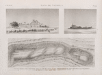 Lacs de Natroun. 1. Vue d'El-Rahâouy, près Omm-Dynâr, prise du côté de l'ouest; 2. Carte topographique des deux principaux lacs de Natroun; 3. Vue du batiment appelé Qasr, prise du côté du sud-ouest.