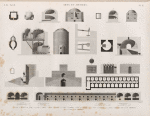 Arts et métiers. 1-3. Four à poulets du Kaire; 4-6. Four à chaux; 7.8. Four à platre; 9-11. Four à poteries; 12. Tour du potier; 13-16. Four à verrerie; 17-19. Four à verrerie pour le sel ammoniaque; 20-23. Four à sel ammoniaque.