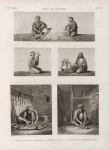 Arts et métiers. 1. L'arçonneur de coton; 2.3. Le fileur  et la dévideuse de laine; 4.5. Le tourneur et le serrurier en bois.