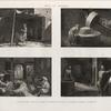 Arts et métiers. 1. Le taillandier; 2. Moulin à plâtre; 3. Attélier où l'on brûle le caffé; 4. Le fabricant de maroquin.
