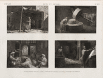 Arts et métiers. 1. Le taillandier; 2. Moulin à plâtre; 3. Attélier où l'on brûle le caffé; 4. Le fabricant de maroquin.