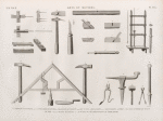 Arts and métiers. 1-3. Serrure égyptienne; 4-6. Autre serrure en bois; 7.8. Qaddoum ou essette; 9.10. Bec d'âne; 11. Feuilleret; 12-15. Deux rabots; 16. Foret; 17. Machine à forer les tuyaux de pipe; 18-20. Outils du maçon; 21-26. Outils du chaudronnier et du ferblantier.