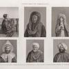 Costumes et portraits. 1. Enfant d'Alexandrie; 2. Évêque d'Abyssinie; 3. Femme Franque; 4. Aghâ du Kaire; 5. Cheykh du Kaire; 6. Drogman de Mourâd Bey.