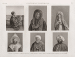 Costumes et portraits. 1. Enfant d'Alexandrie; 2. Évêque d'Abyssinie; 3. Femme Franque; 4. Aghâ du Kaire; 5. Cheykh du Kaire; 6. Drogman de Mourâd Bey.