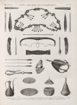 Vases, meubles et instrumens. 1. Collier arabe; 2-5. Arc et détails; 6-17. Flèches, bague et gantelet pour tirer de l'arc; 18.19. Carquois; 20.21. Cordes pour bander l'arc; 22.23. Aiguière et doraq; 24-27. Plateau et panier d'Abyssinie, en feuilles de doum.