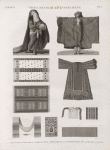 Vases, meubles et instrumens. 1-3. Robe d'almé en soie rouge; 4. Borqo'ou voile; 5. Robe commune; 6-8. Couvertures en soie; 9. Ceinture; 10. Aiguille.