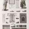 Vases, meubles et instrumens. 1.2. Tunique de bain; 3. Robe d'almé en soie; 4. Borqó; 5.6. Mouchoirs; 7.8. Milâyeh; 9.10. Seggadeh; 11. Patin de bain; 12-19. Sandales; 20.21. Charrue.