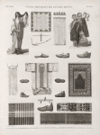 Vases, meubles et instrumens. 1.2. Tunique de bain; 3. Robe d'almé en soie; 4. Borqó; 5.6. Mouchoirs; 7.8. Milâyeh; 9.10. Seggadeh; 11. Patin de bain; 12-19. Sandales; 20.21. Charrue.