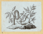 Violin players, harps, and symbols of the arts.