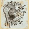 Violin players, harps, and symbols of the arts.
