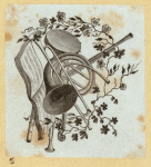 Violin players, harps, and symbols of the arts.