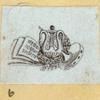Violin players, harps, and symbols of the arts.
