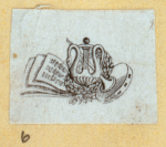 Violin players, harps, and symbols of the arts.