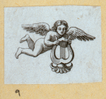 Violin players, harps, and symbols of the arts.