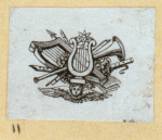 Violin players, harps, and symbols of the arts.
