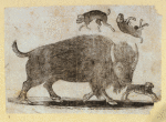 A mythical bull and a lion with a child on its back.