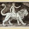 A mythical bull and a lion with a child on its back.