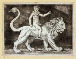A mythical bull and a lion with a child on its back.