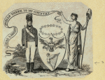 Allegorical imagery of patriotism and the military.
