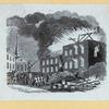 Firemen fighting blaze; allegorical symbols of arm and hammer and phoenix.