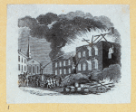 Firemen fighting blaze; allegorical symbols of arm and hammer and phoenix.