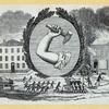 Firemen fighting blaze; allegorical symbols of arm and hammer and phoenix.