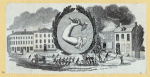 Firemen fighting blaze; allegorical symbols of arm and hammer and phoenix.