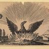 Firemen fighting blaze; allegorical symbols of arm and hammer and phoenix.