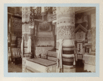 A booth for Russian embroidery in geometrical design leaves, flowers, fur textiles
