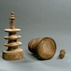 Two of The Million Prayer Towers (Hyakumantô 百万塔) showing the base of The Nine-Ringed Spire Prayer Tower inscribed “2nd month, 29th day” (云二月廿九日) and base of tower finial inscribed Yumi 弓 ('bow')