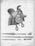 Fig. 1. Saddle and sabre-tasche of the Prince of Begharmi. Fig. 2. Double-headed lance of the cavalry of Begharmi. Fig. 3. Lance of the body-guard of the Sheikh of Bounou. Fig. 4. Javelin of Central Africa.