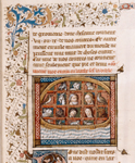 Miniature of the Ark, with humans and animals on board. Partial border, initials, rubrics