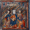 Opening of text. Large miniature showing four scenes.  Historiated initial.  Full border design including coats of arms and motto "Sans nombre." Rubric