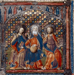 Opening of text. Large miniature showing four scenes.  Historiated initial.  Full border design including coats of arms and motto "Sans nombre." Rubric