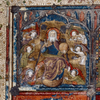 Opening of text. Large miniature showing four scenes.  Historiated initial.  Full border design including coats of arms and motto "Sans nombre." Rubric