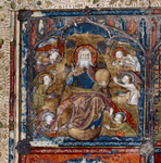 Opening of text. Large miniature showing four scenes.  Historiated initial.  Full border design including coats of arms and motto "Sans nombre." Rubric
